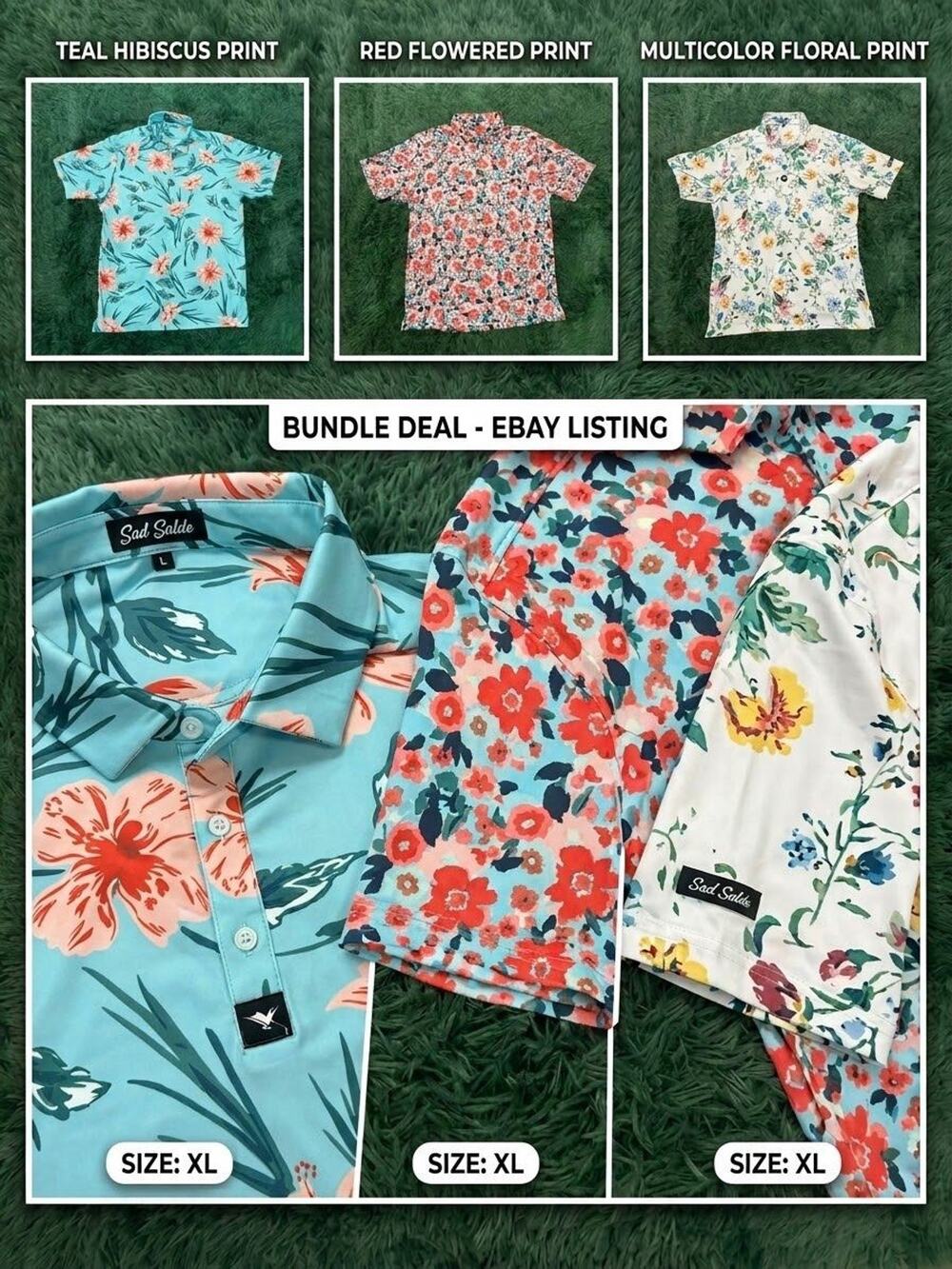 Bad Birdie Men's XL Performance Polo Shirt Bundle Lot 3 Pack Floral Golf
